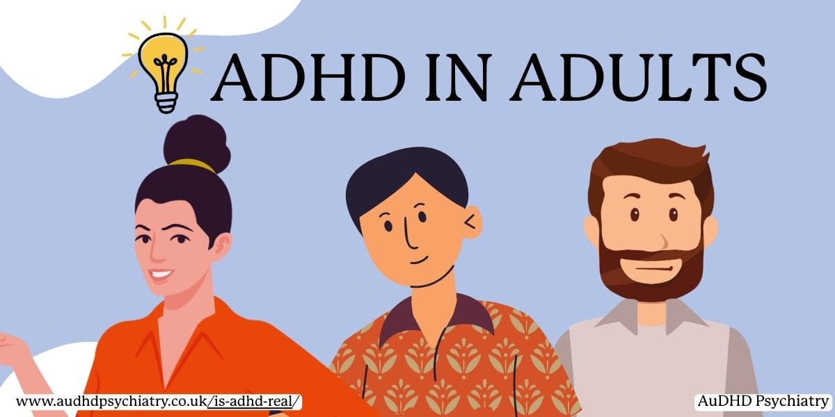 Illustration of diverse adults under the heading "ADHD in Adults," representing common misconceptions and real challenges of adult ADHD.