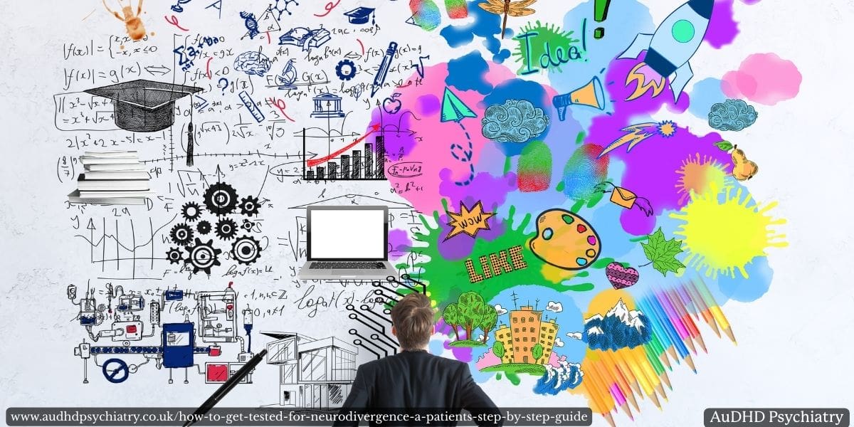 Conceptual image of a person analysing left-brain logic and right-brain creativity to illustrate diverse thinking and learning styles in neurodivergent individuals