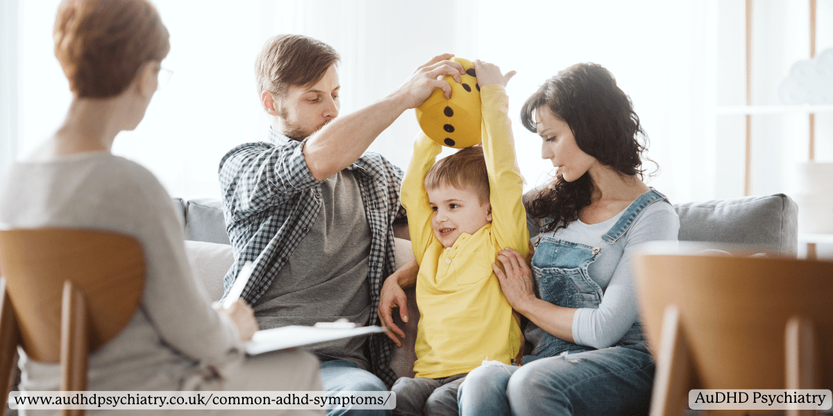 Parents and child consulting clinician for ADHD symptoms 