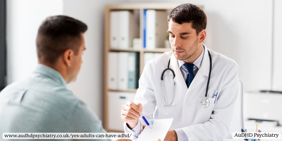 Doctor discussing ADHD diagnosis with male patient in consultation room