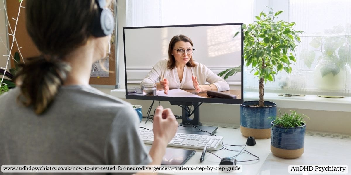 Clinician speaking with adult patient about ADHD assessment process online