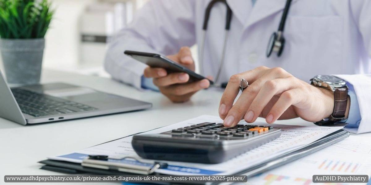 Healthcare professional calculating costs with a clipboard, calculator, and laptop, representing the breakdown of private ADHD assessment fees in the UK