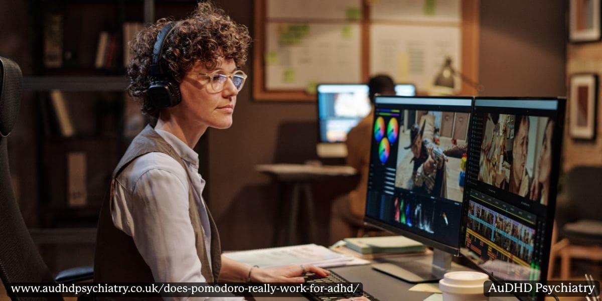 Woman working at a computer with headphones in a focused environment, minimising distractions during Pomodoro sessions.