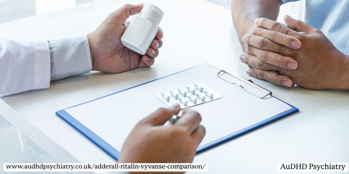Doctor holding a prescription bottle while discussing ADHD medication options with a patient across the table. 