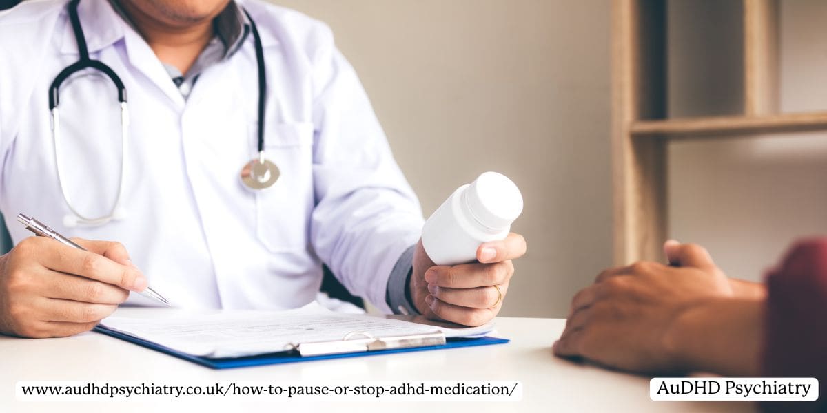 Doctor holding a pill bottle while discussing ADHD medication break with a patient