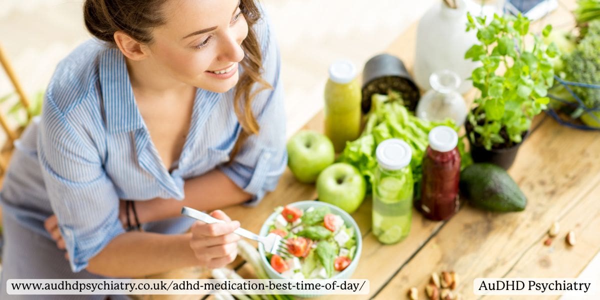 Woman eating a fresh salad surrounded by fruits, vegetables, and smoothies, illustrating how good nutrition supports ADHD medication effectiveness