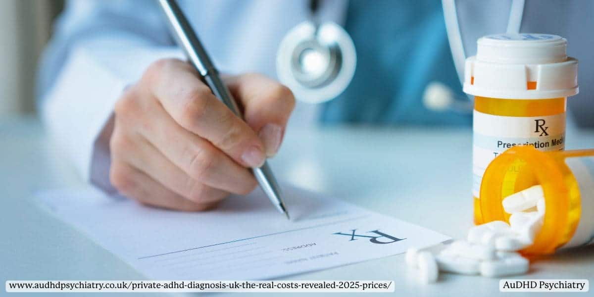 Doctor writing a prescription with a stethoscope and spilled pill bottle on the desk, symbolising ADHD medication costs