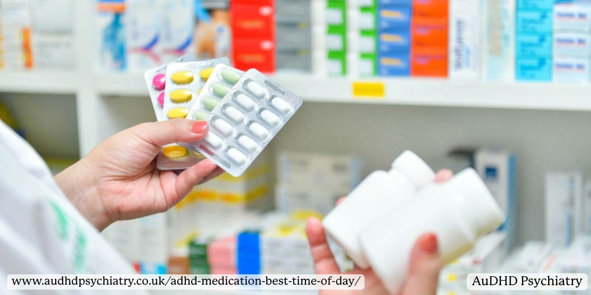 Pharmacist holding pill blister packs and medication bottles in a pharmacy setting, representing safe storage and handling of ADHD medication