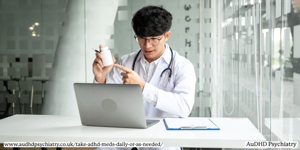 A doctor discussing ADHD medication schedules over video call with a laptop in front