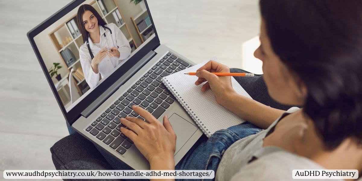 Woman writing in a notebook during an online video consultation with a female doctor on her laptop screen