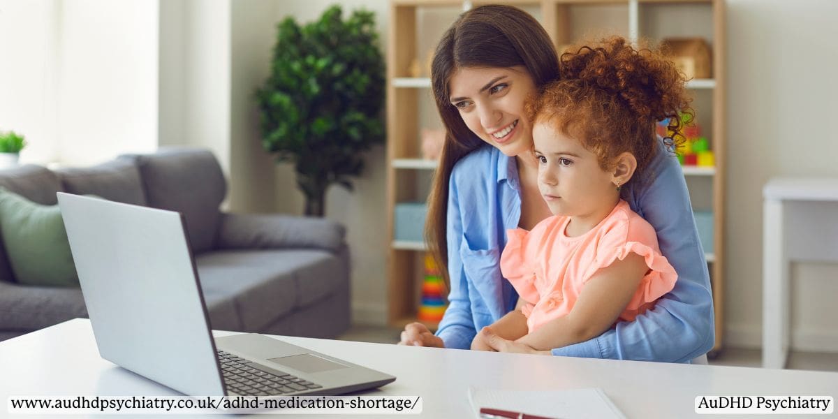 Mother and child using a laptop for digital learning support, highlighting how educational tools help children with ADHD stay focused during medication shortages
