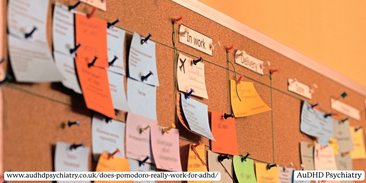 Organised corkboard with tasks under categories like "In Work" and "Delivery," representing structure for ADHD planning.