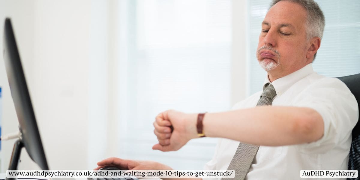 Frustrated man looking at watch while waiting, representing ADHD impatience and altered time perception