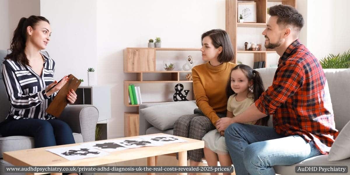 A family with a young child speaking to a psychologist during an ADHD assessment session in a clinic setting