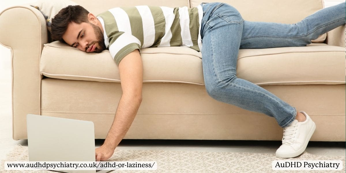 a young adult using computer with seemingly low motivation representing adhd vs laziness differences