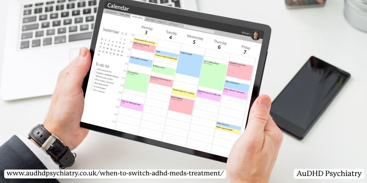 Person viewing a colourful weekly calendar on a tablet, planning a personalised ADHD treatment strategy