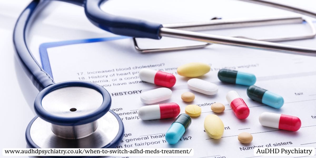 Stethoscope and mixed pills on a prescription form, symbolising preparation for am ADJD Meds switch