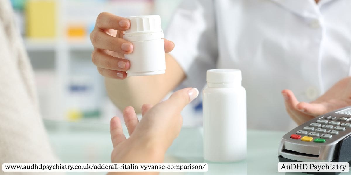 Person choosing between two white medication bottles at a pharmacy, representing comparison between Vyvanse and Ritalin for ADHD treatment. 