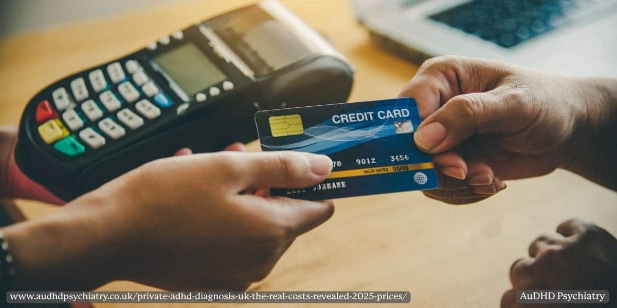 "Close-up of a person paying with a credit card at a card reader, symbolising the high cost of private ADHD assessments in the UK