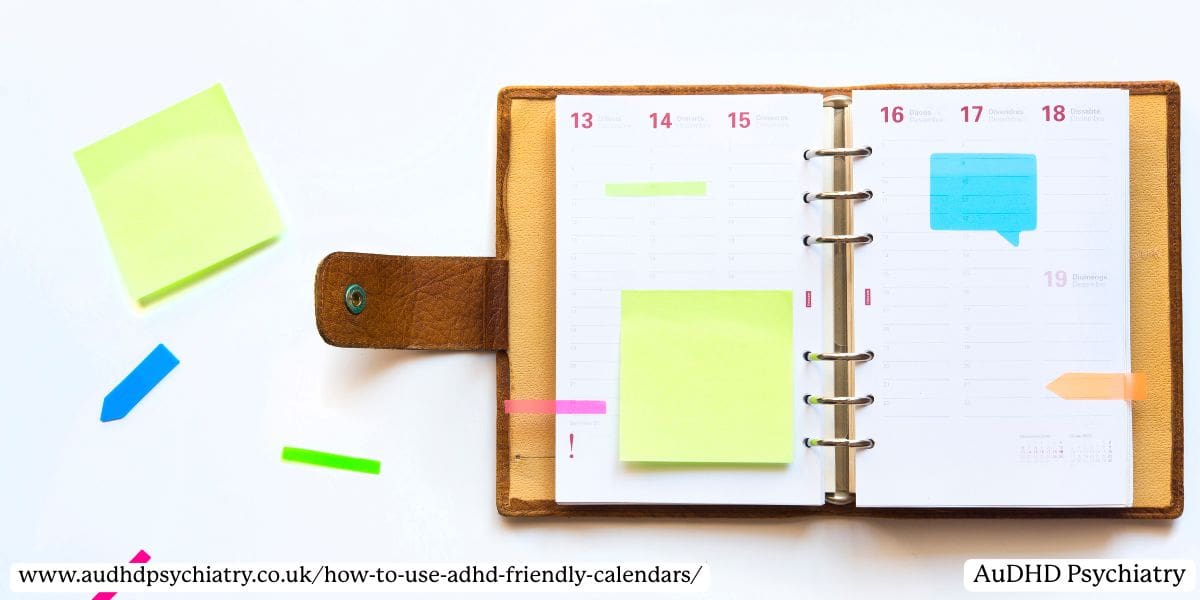 Open ADHD-friendly planner with sticky notes for visual reminders