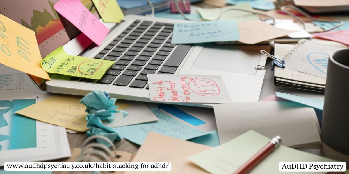 Messy desk with sticky notes showing disrupted ADHD habit routines