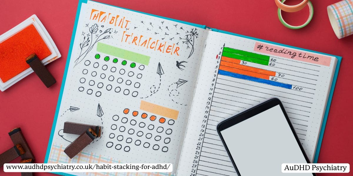 Bullet journal habit tracker with visual feedback tools for ADHD habit stacking