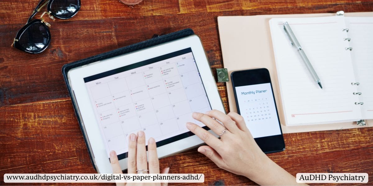 Tablet and phone showing ADHD calendar apps next to a paper planner, illustrating ADHD hybrid planning tools