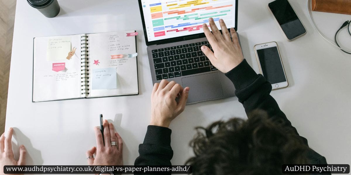 Person using a paper planner and digital calendar side by side for ADHD task planning