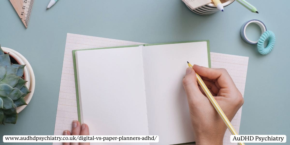 Person writing in a blank ADHD planner with a pencil at a tidy desk