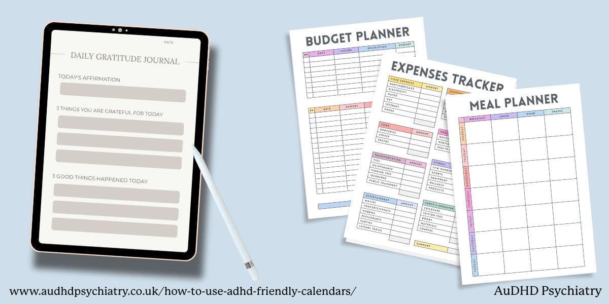 Paper and digital ADHD planner templates including meal and budget tracking
