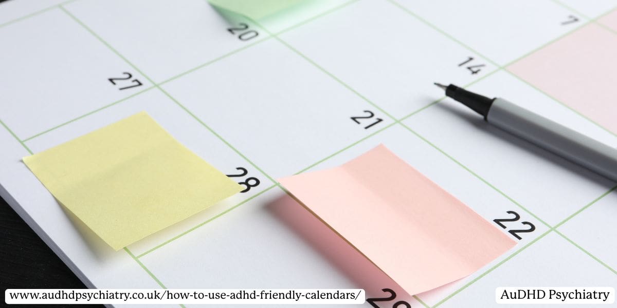 ADHD-friendly wall calendar with sticky notes for daily visual reminders