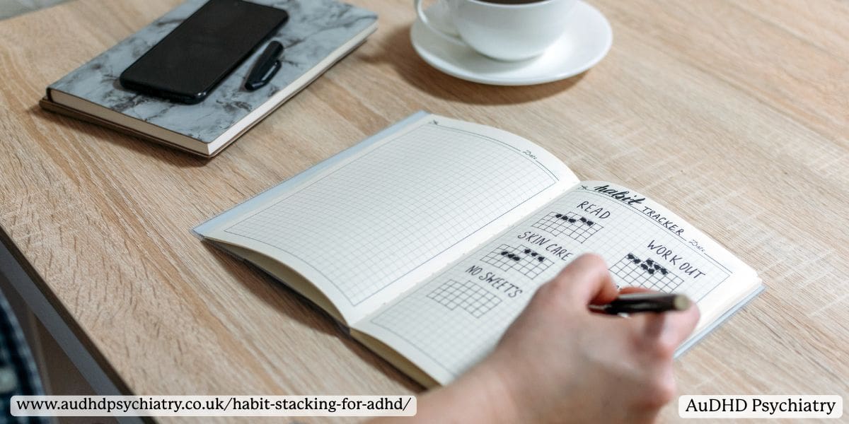 Visual cue habit tracker on desk next to coffee and notebook in ADHD-friendly environment