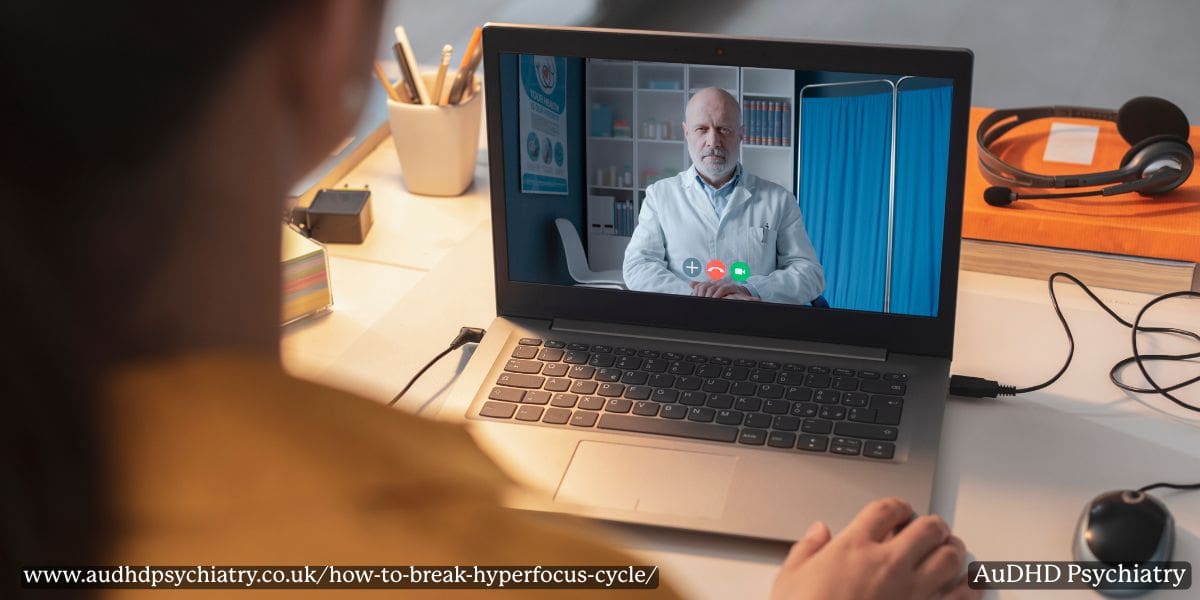 Person on video call with ADHD specialist, highlighting when to seek professional help for hyperfocus.
