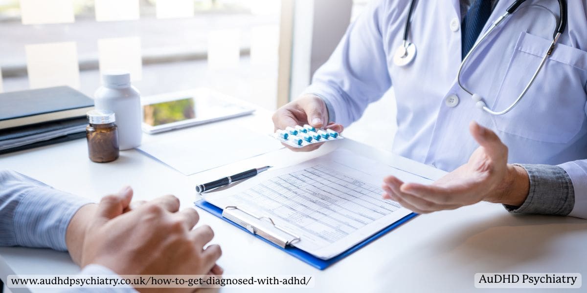 Doctor showing ADHD medication options after formal diagnosis – treatment plan discussion 