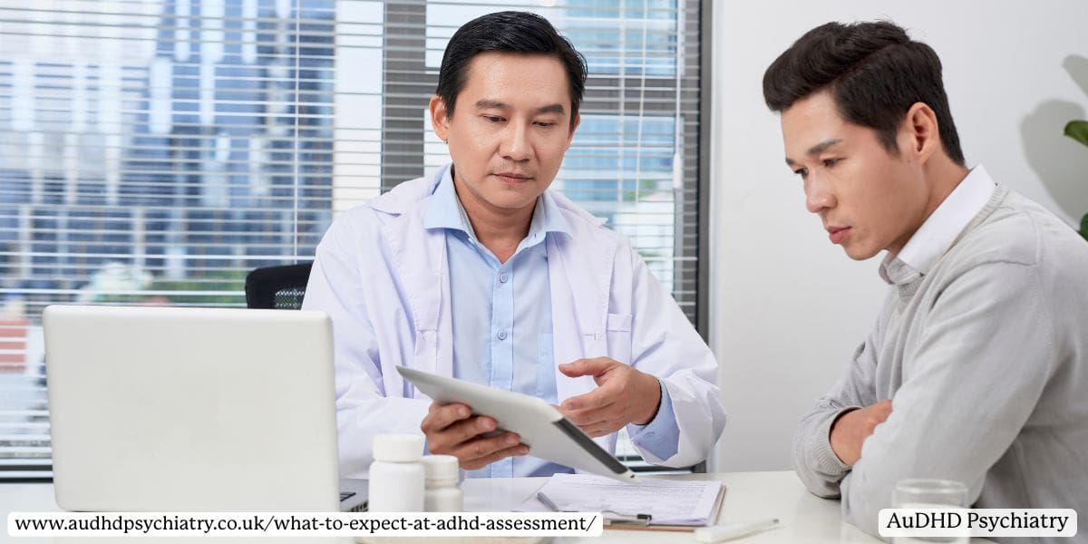 Man discussing ADHD diagnosis results and medication with specialist doctor