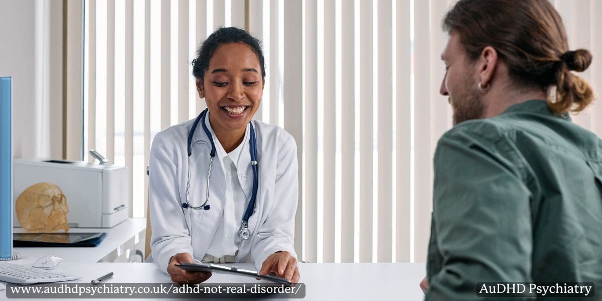 Doctor discussing ADHD diagnosis with patient in a clinic setting