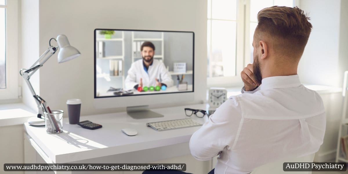 Adult man speaking to psychiatrist via online ADHD assessment – private ADHD testing option 