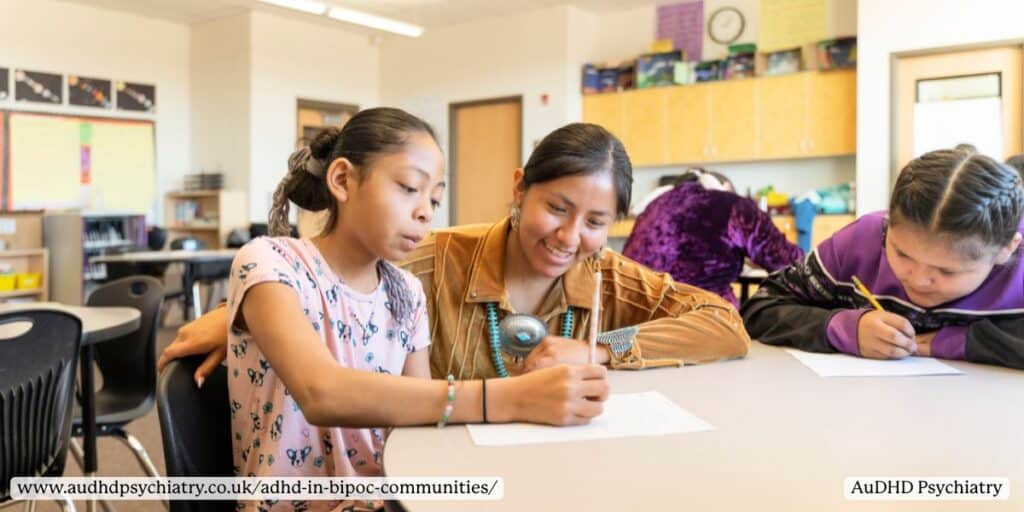 Native American students working together in a classroom, highlighting educational challenges and ADHD support needs