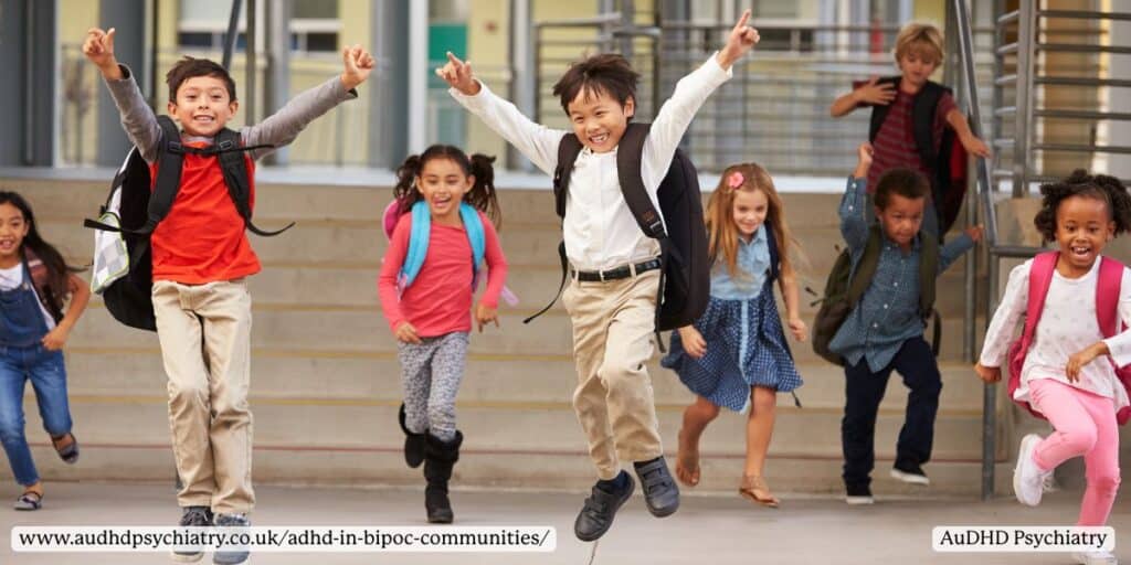 Group of diverse children running happily out of school, representing resilience and hope in ADHD awareness