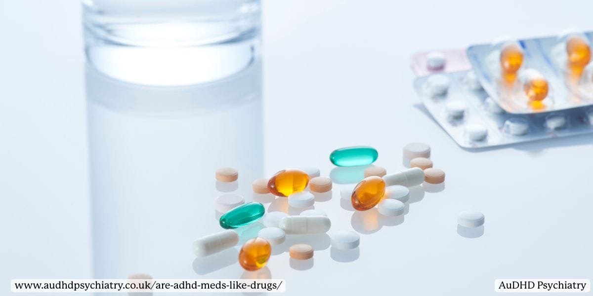 Close-up of assorted pills illustrating misconceptions that ADHD medication is the same as drugs