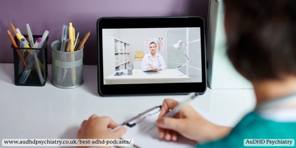 Online ADHD resource showing a doctor on a tablet, highlighting digital support alongside the best ADHD podcasts.