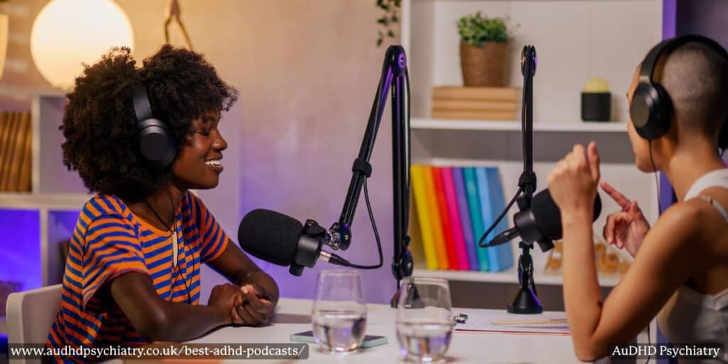 Two women recording an ADHD podcast together in a studio, representing popular ADHD podcasts and channels.