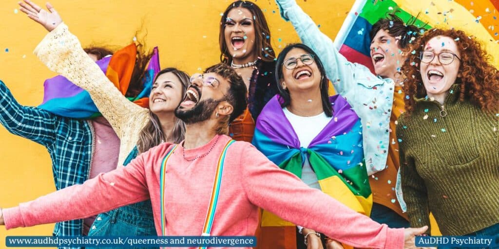 LGBTQ+ group with Pride flag celebrating neurodivergent pride with confetti