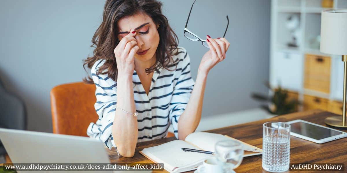 Adult woman struggling with focus showing ADHD is not only a childhood condition