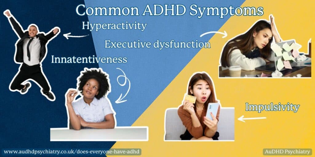 Common ADHD symptoms infographic showing hyperactivity, inattention, impulsivity, and executive dysfunction