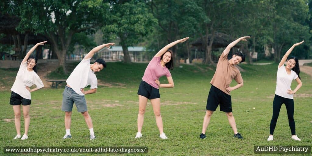 Group exercising outdoors showing lifestyle strategies that help with adult ADHD late diagnosis
