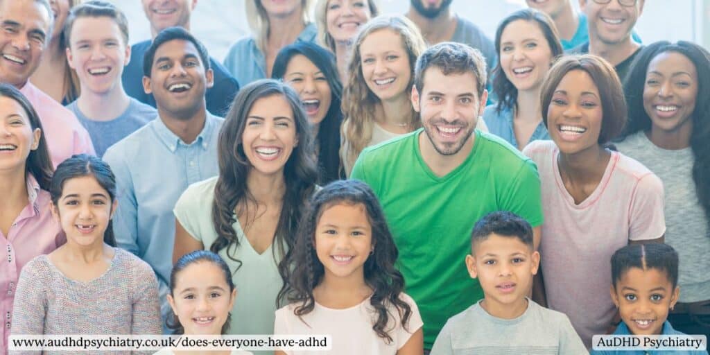 Large diverse group of smiling people representing ADHD awareness across the lifespan - childhood to adulthood