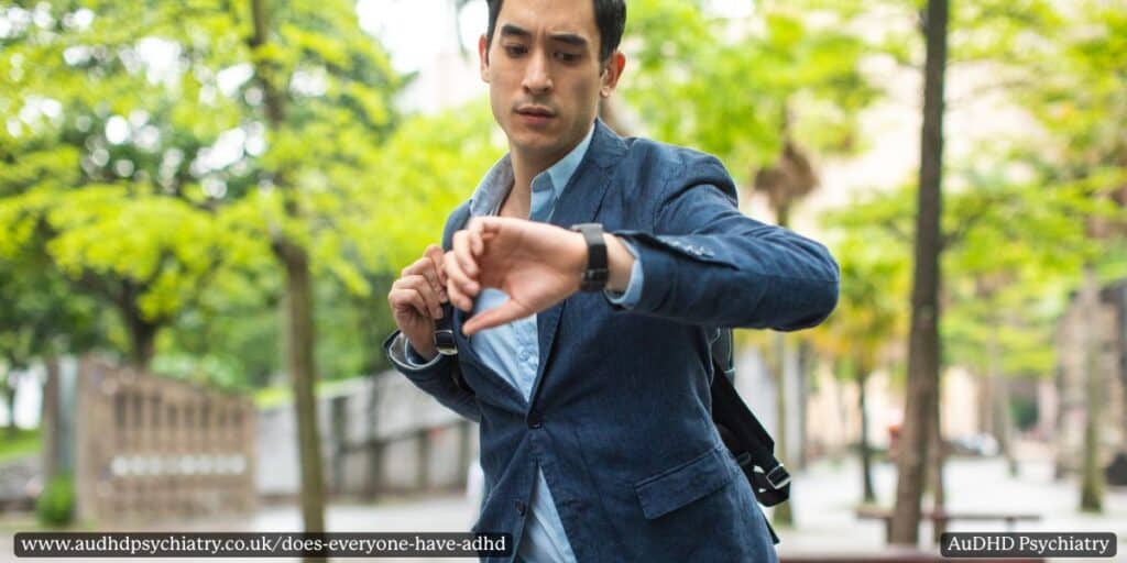 Man checking his watch outdoors representing ADHD distraction and time management challenges