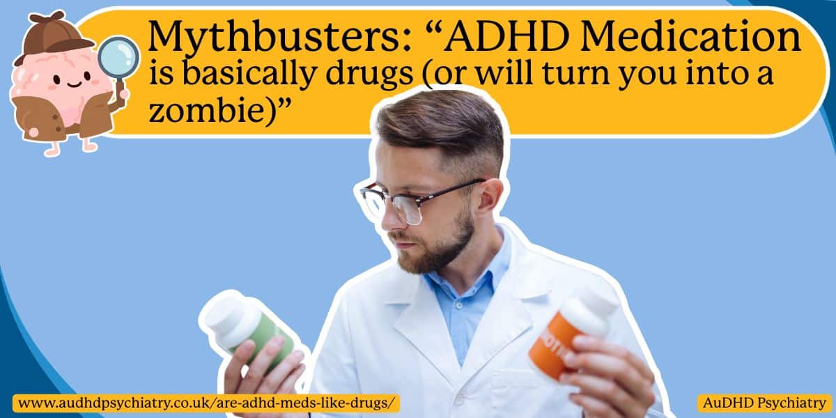 Mythbusters graphic debunking the idea that ADHD medication is basically drugs