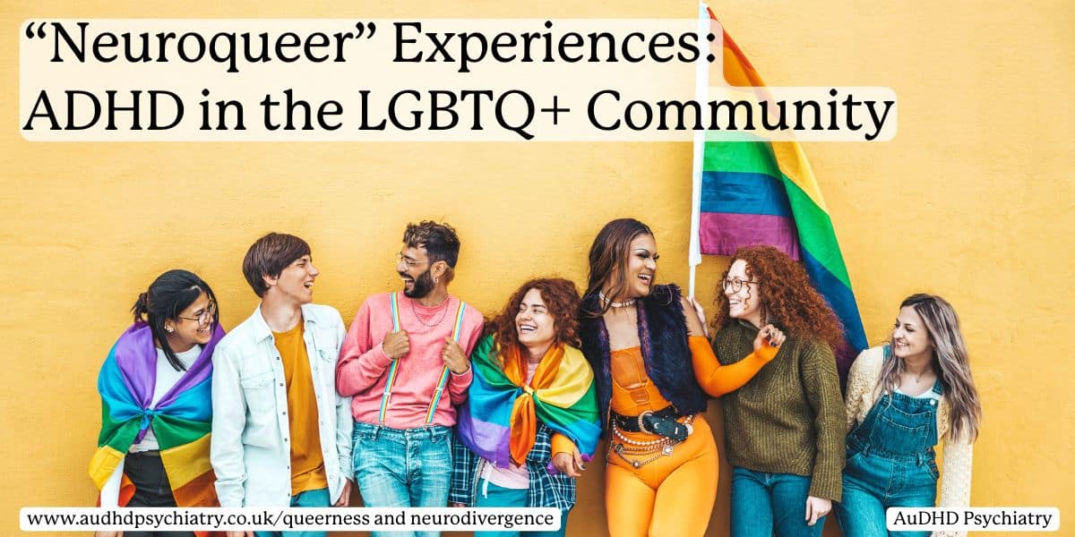 Group of LGBTQ+ friends with Pride flag celebrating queerness and neurodivergence